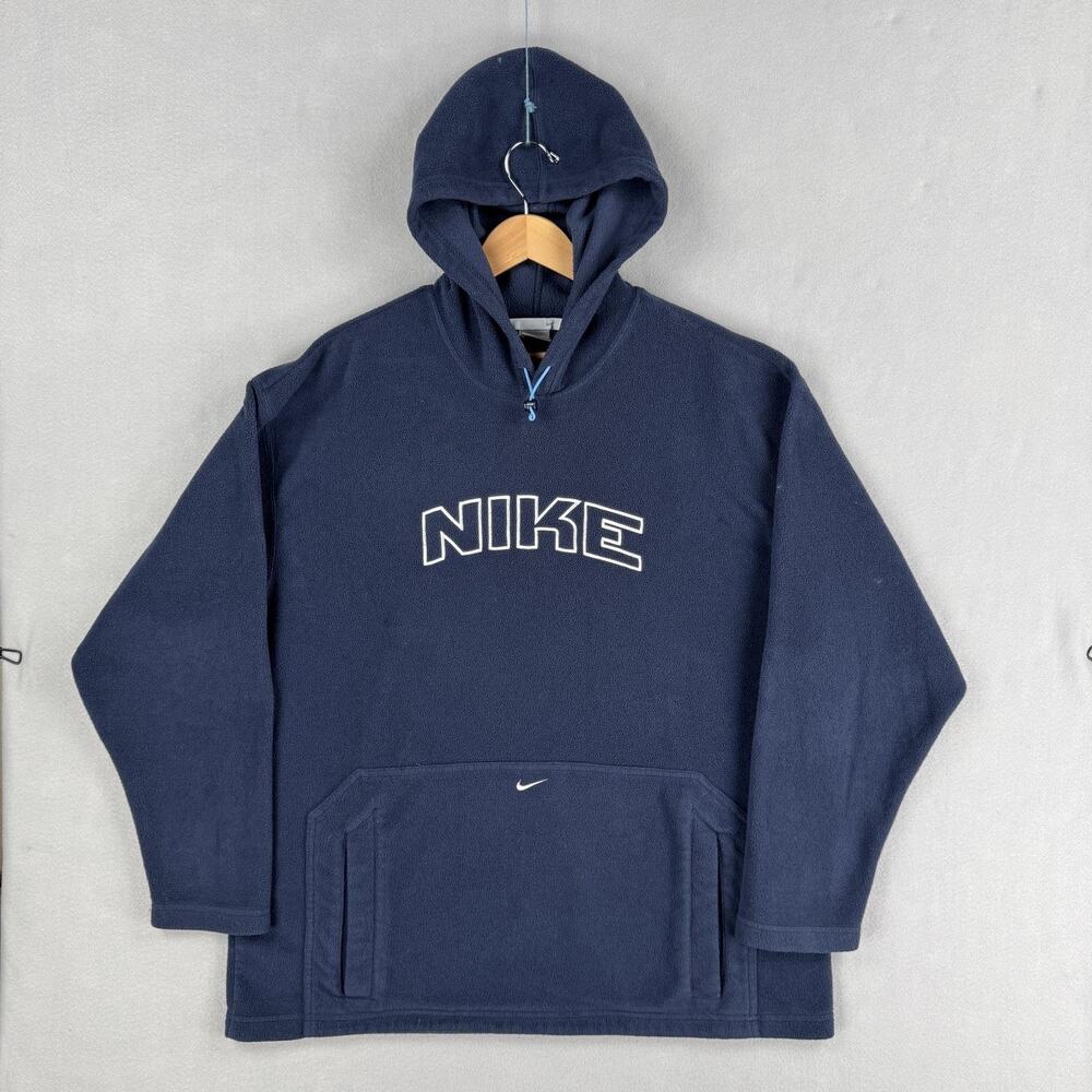 Vintage Nike Hoodie Mens XL Navy Blue Fleece Pullover Kangaroo Pocket Sweatshirt
